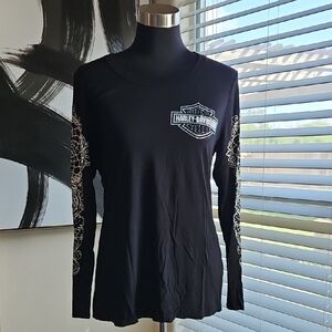 Harley-Davidson Black Long Sleeve Tee with White-Silver Shield and Sleeve Design